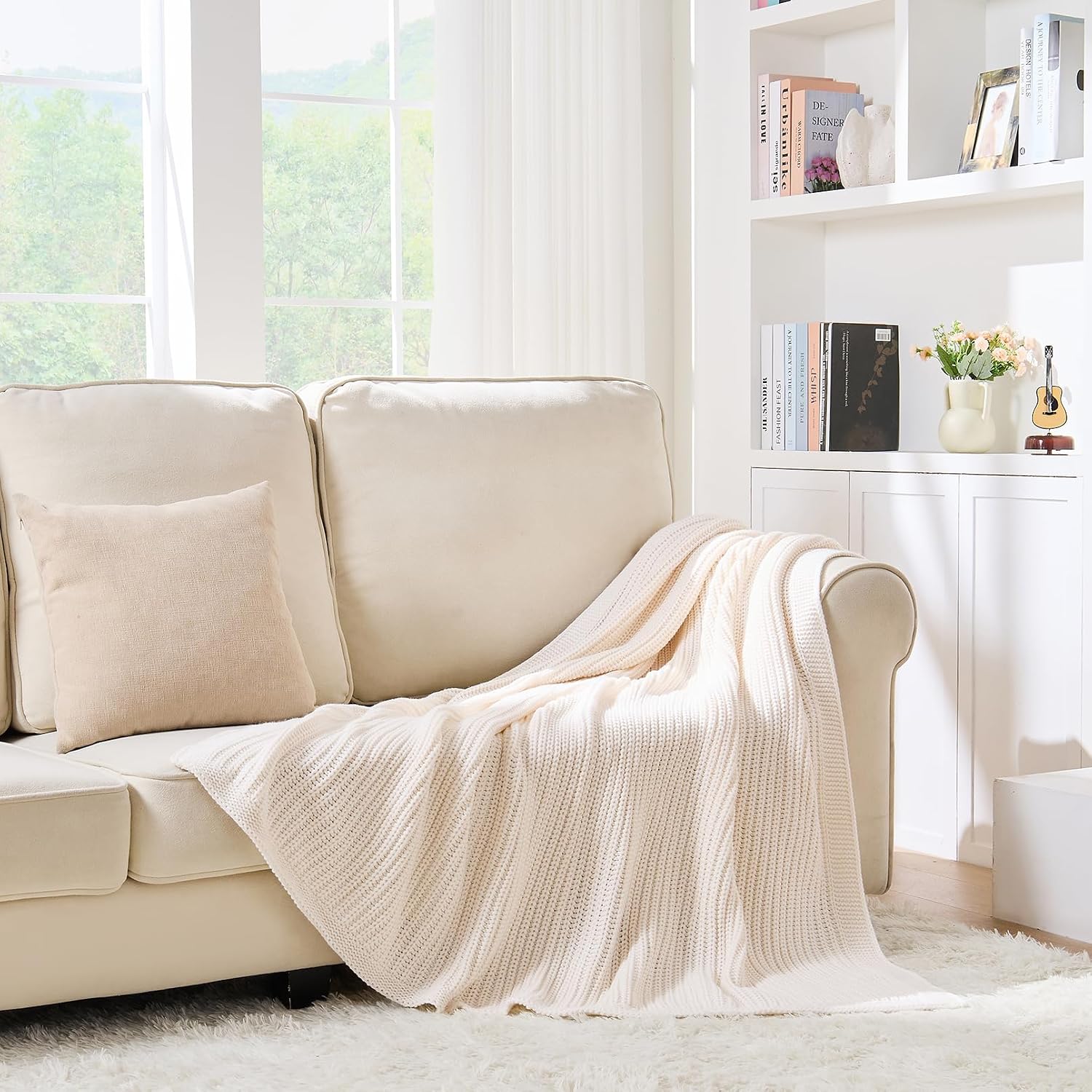 Cream White Chunky Knit Throw Blanket