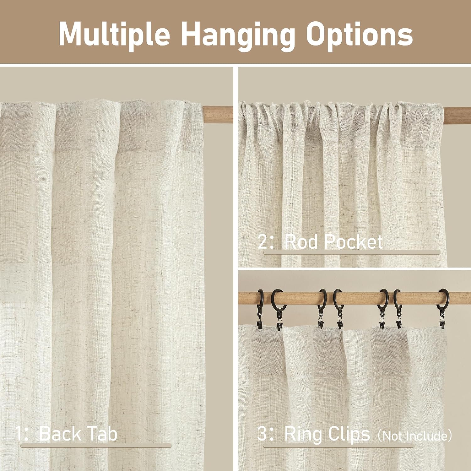 Cream Ivory Linen Light Filtering Cafe Curtains 2 Panels