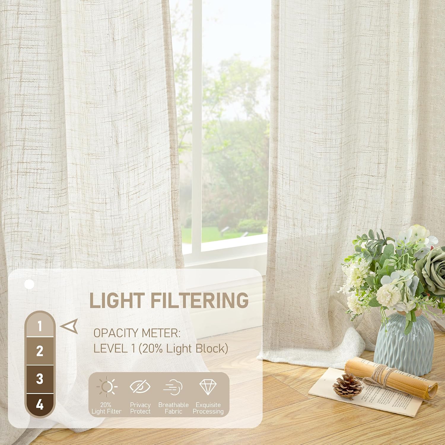 Cream Ivory Linen Light Filtering Cafe Curtains 2 Panels