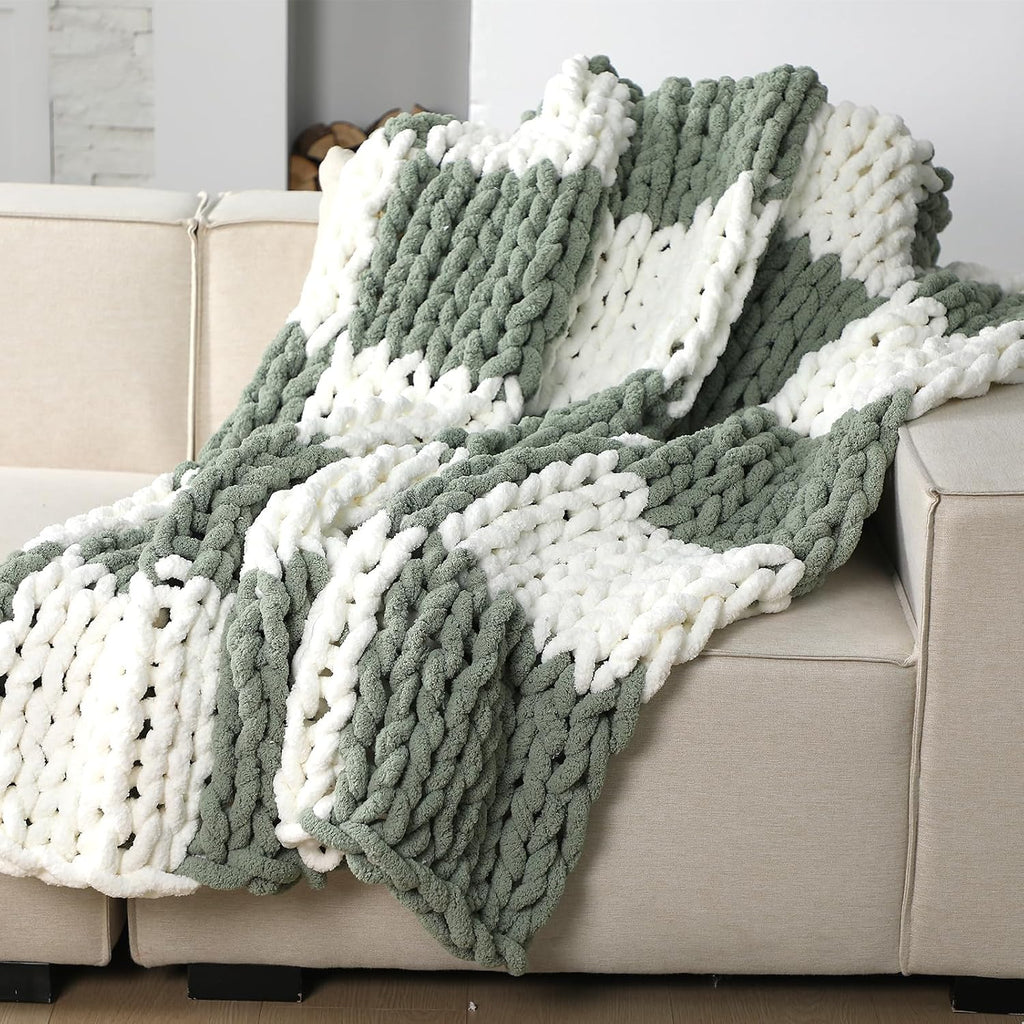 Ivory Sage Checkered Knit Throw Blanket