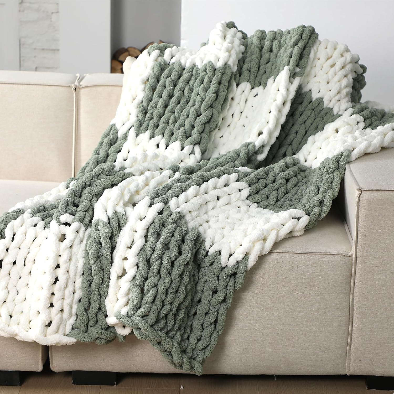 Ivory Sage Checkered Knit Throw Blanket