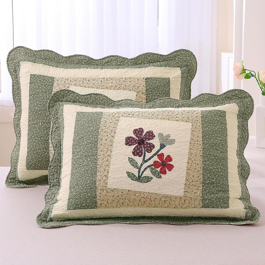 Green Floral Patchwork Cotton Queen Pillow Shams 2 Pack