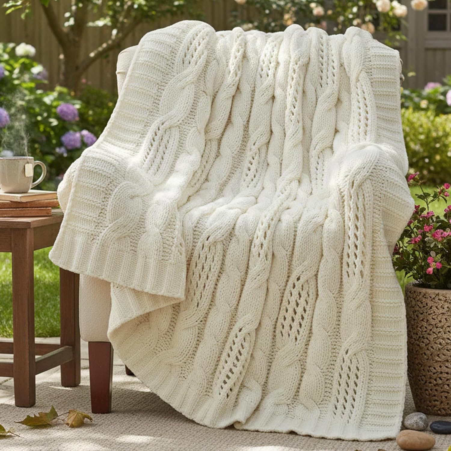 Ivory Dual Sided Chenille Cable Knit Throw Blanket
