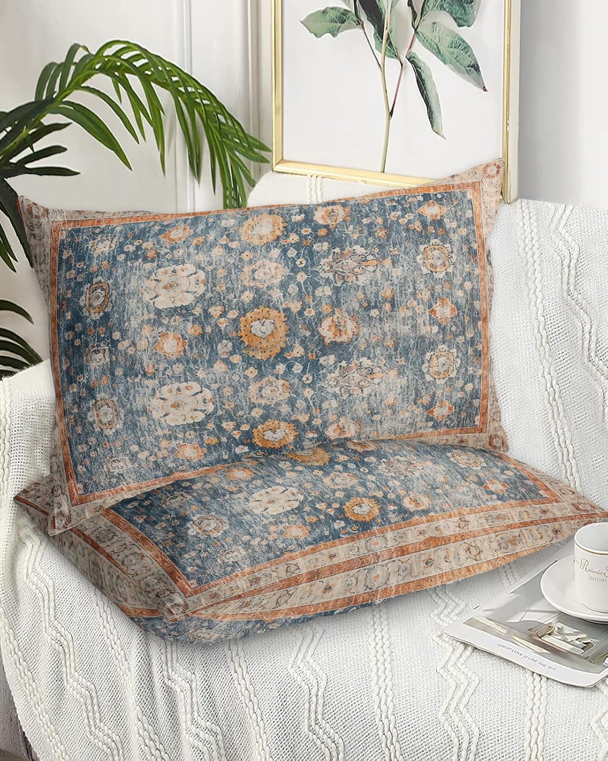 Blue Brown Boho Geometric Floral King Pillow Shams 2 Pack
