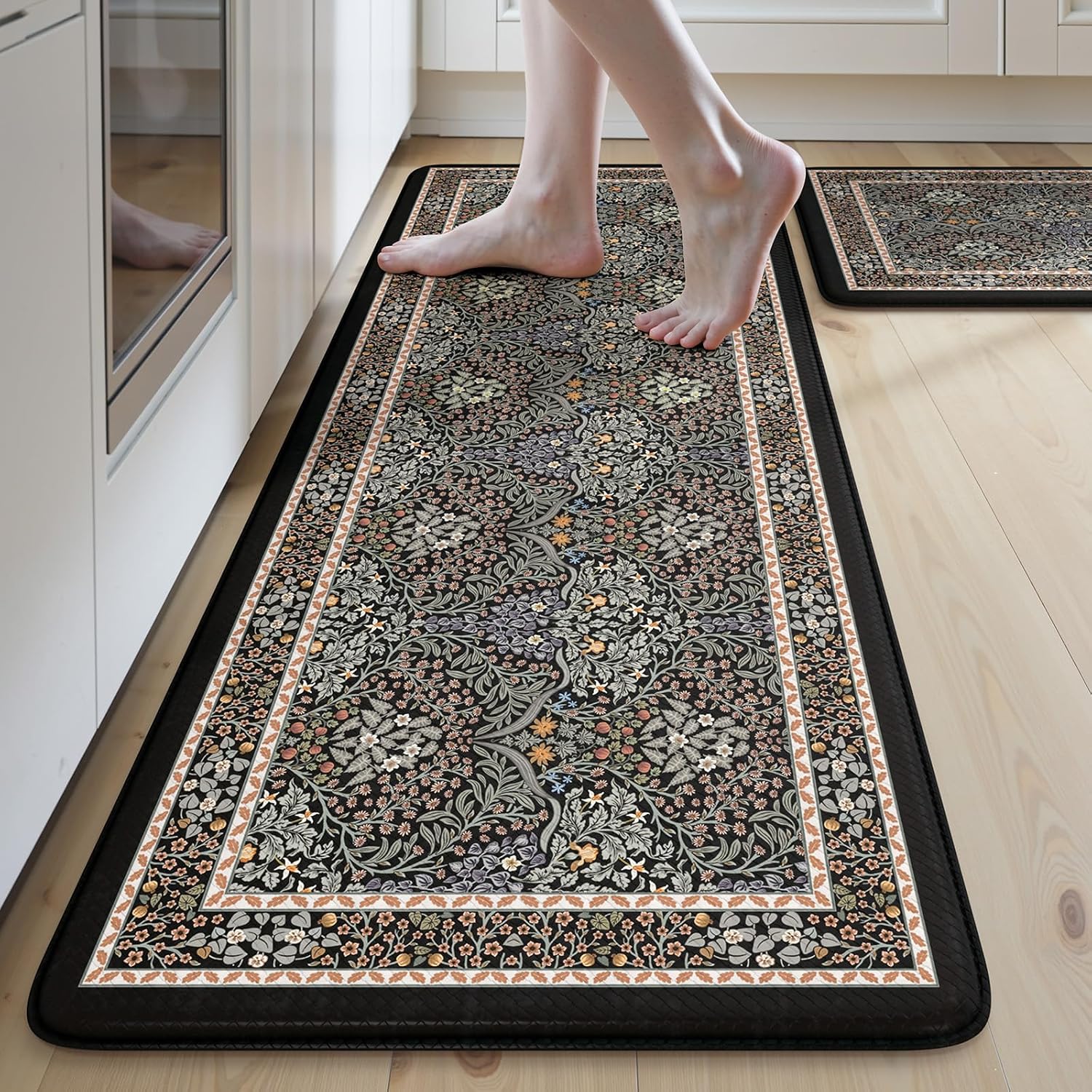 Black Multi Floral Anti Fatigue Kitchen Mats 2 Pack