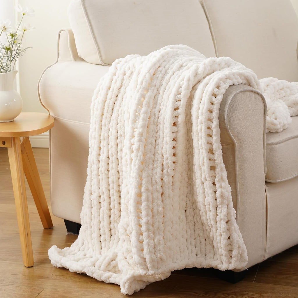 Cream Chenille Cable Knit Throw Blanket