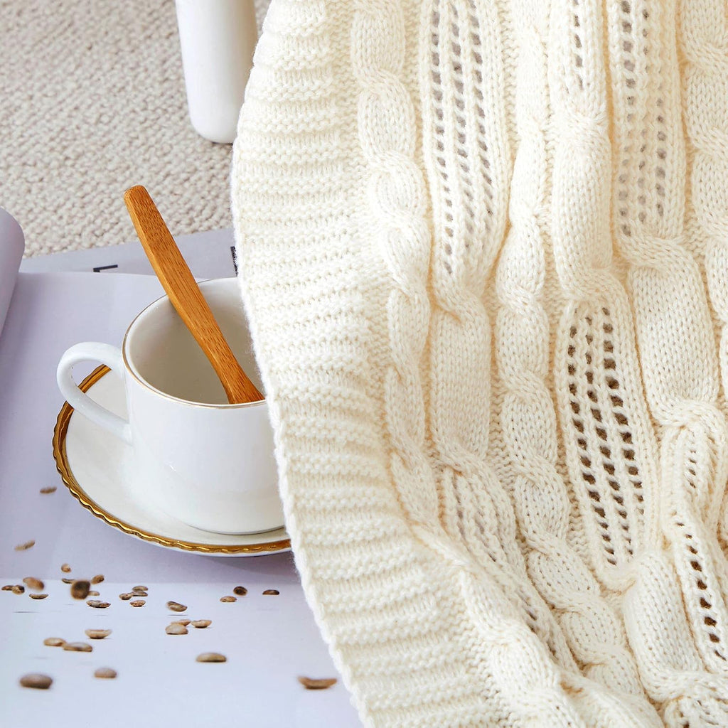 Cream White Acrylic Cable Knit Throw Blanket