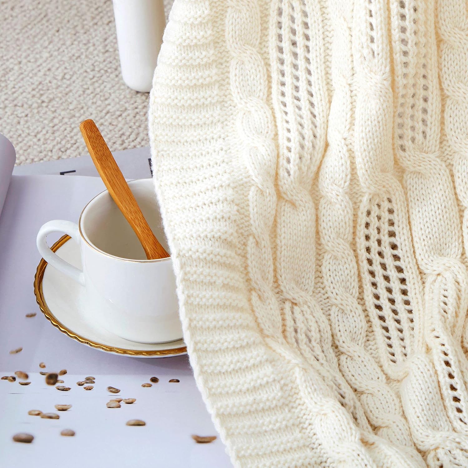 Cream White Acrylic Cable Knit Throw Blanket
