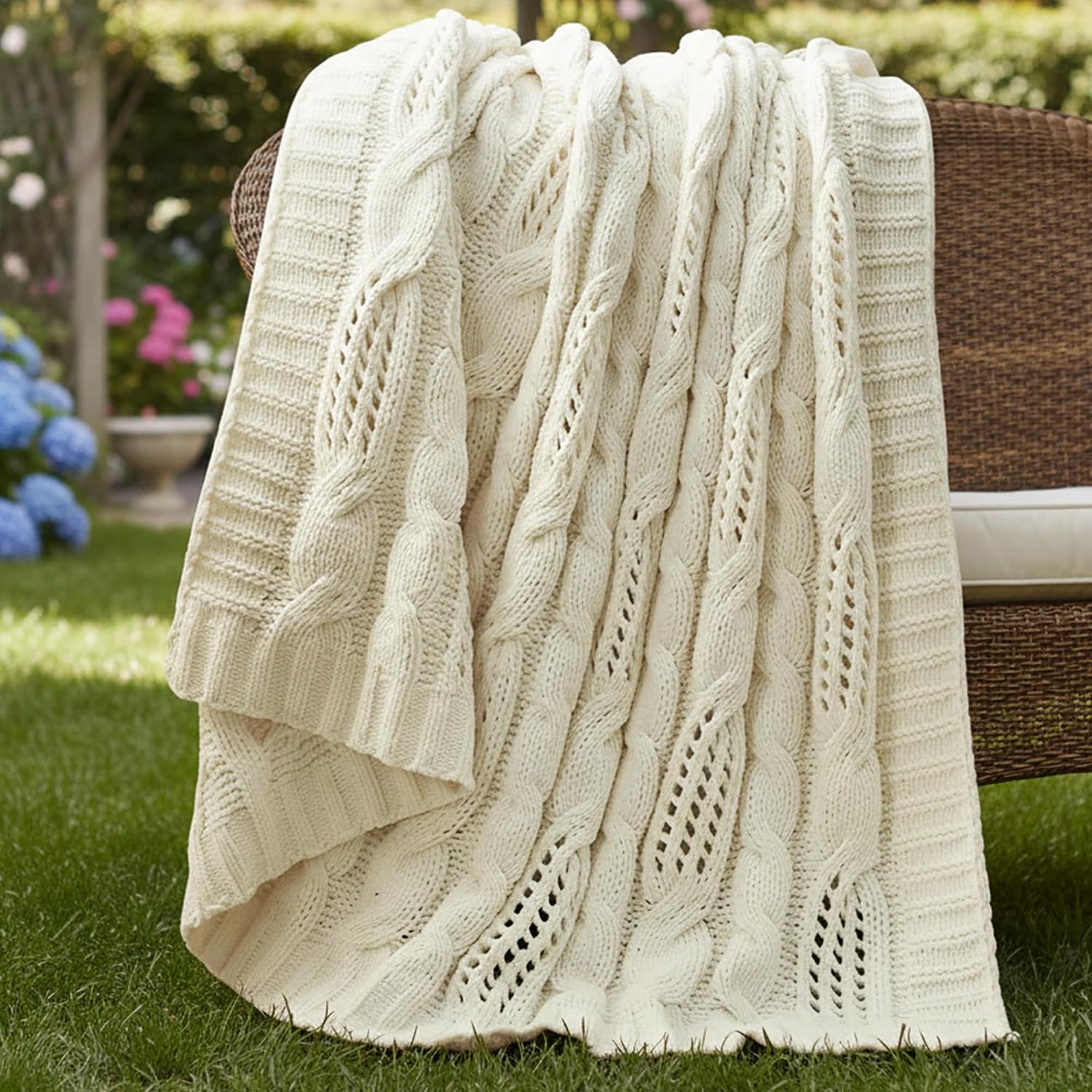 Ivory Dual Sided Chenille Cable Knit Throw Blanket
