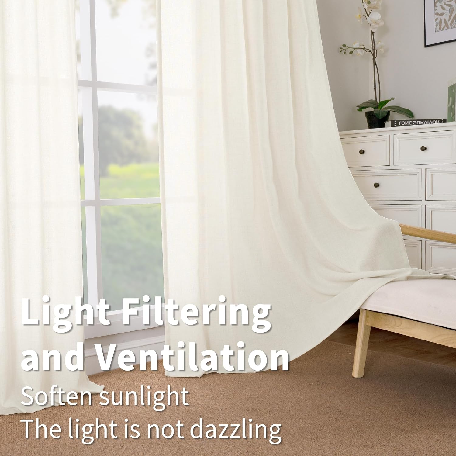 Ivory Short Linen Light Filtering Curtains 2 Panels