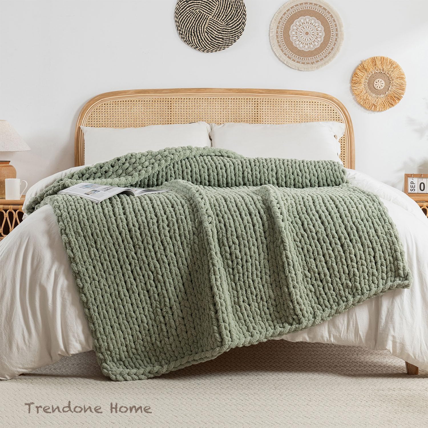 Sage Green Chenille Cable Knit Throw Blanket