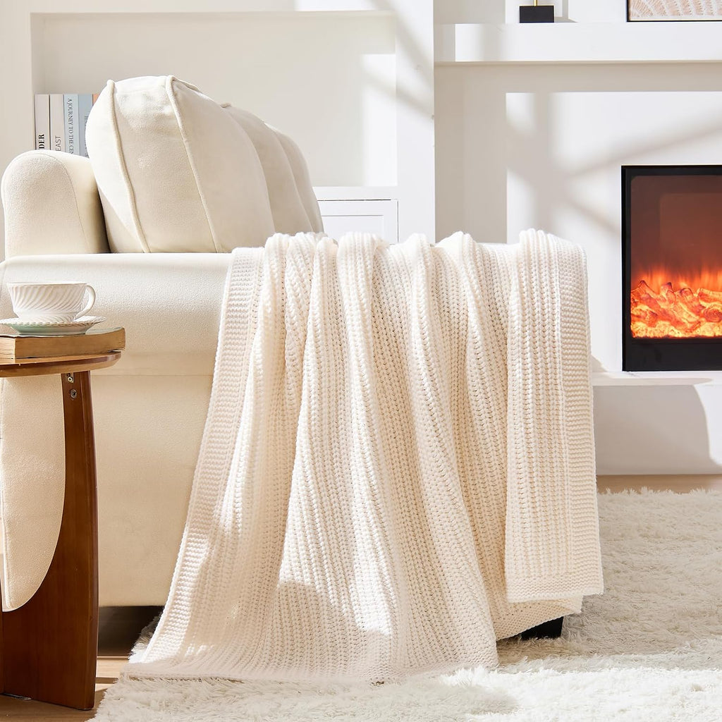 Cream White Chunky Knit Throw Blanket
