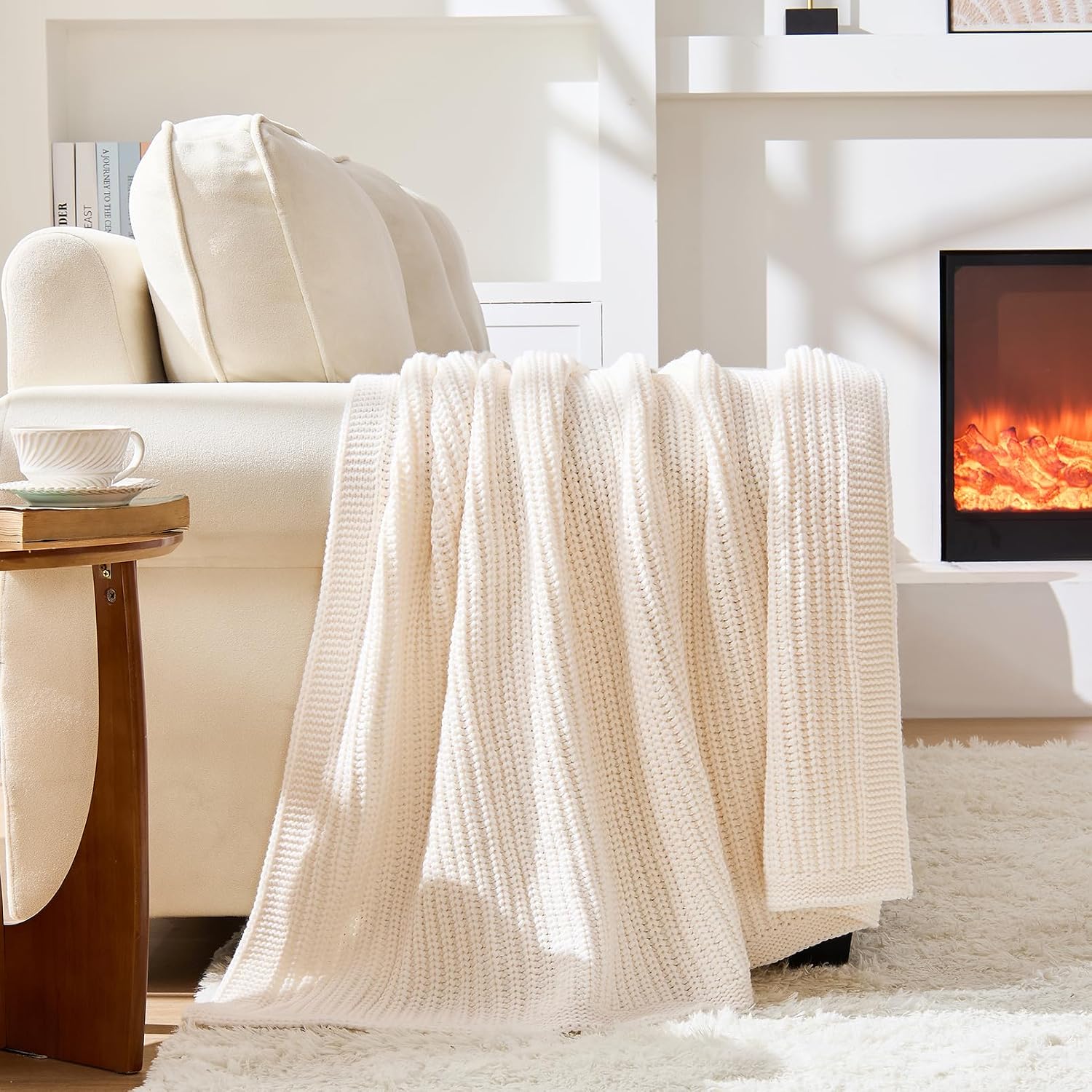 Cream White Chunky Knit Throw Blanket