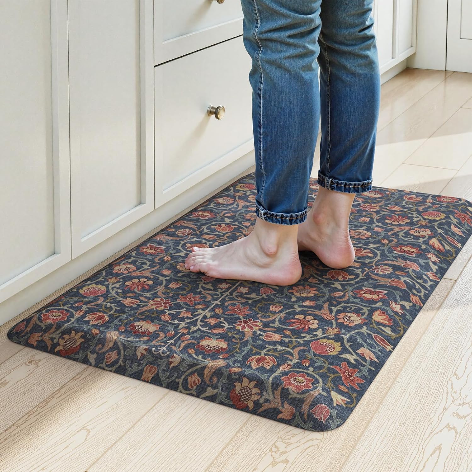 Blue Red Boho Memory Foam Anti Fatigue Kitchen Mat