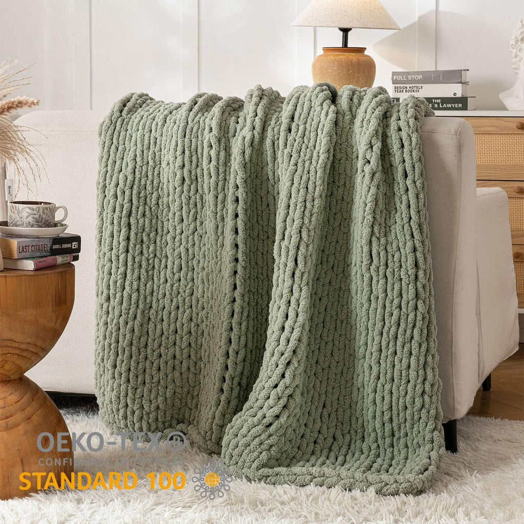 Sage Green Chenille Cable Knit Throw Blanket