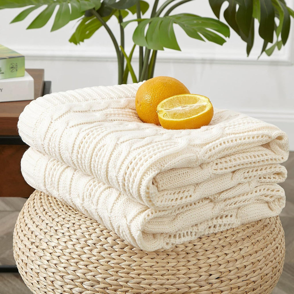 Cream White Acrylic Cable Knit Throw Blanket