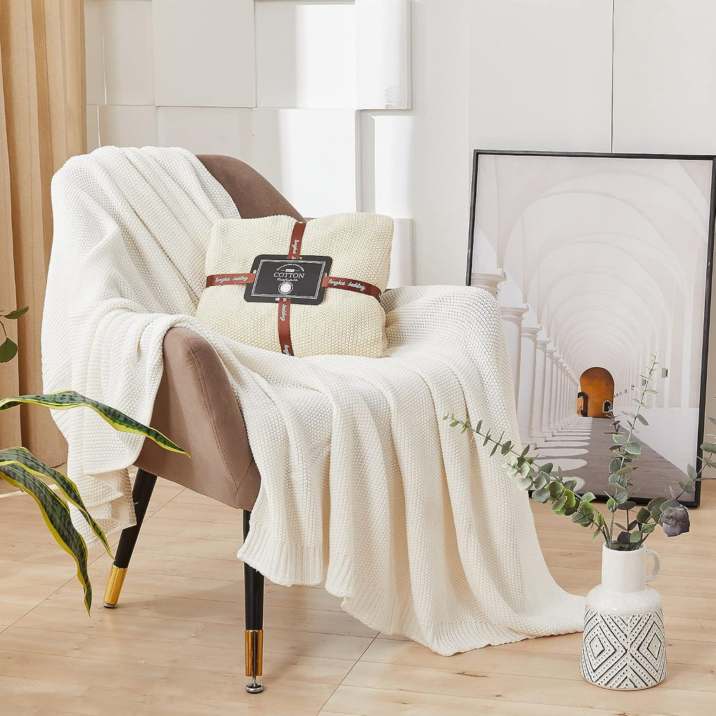 Beige Cotton Cable Knit Throw Blanket