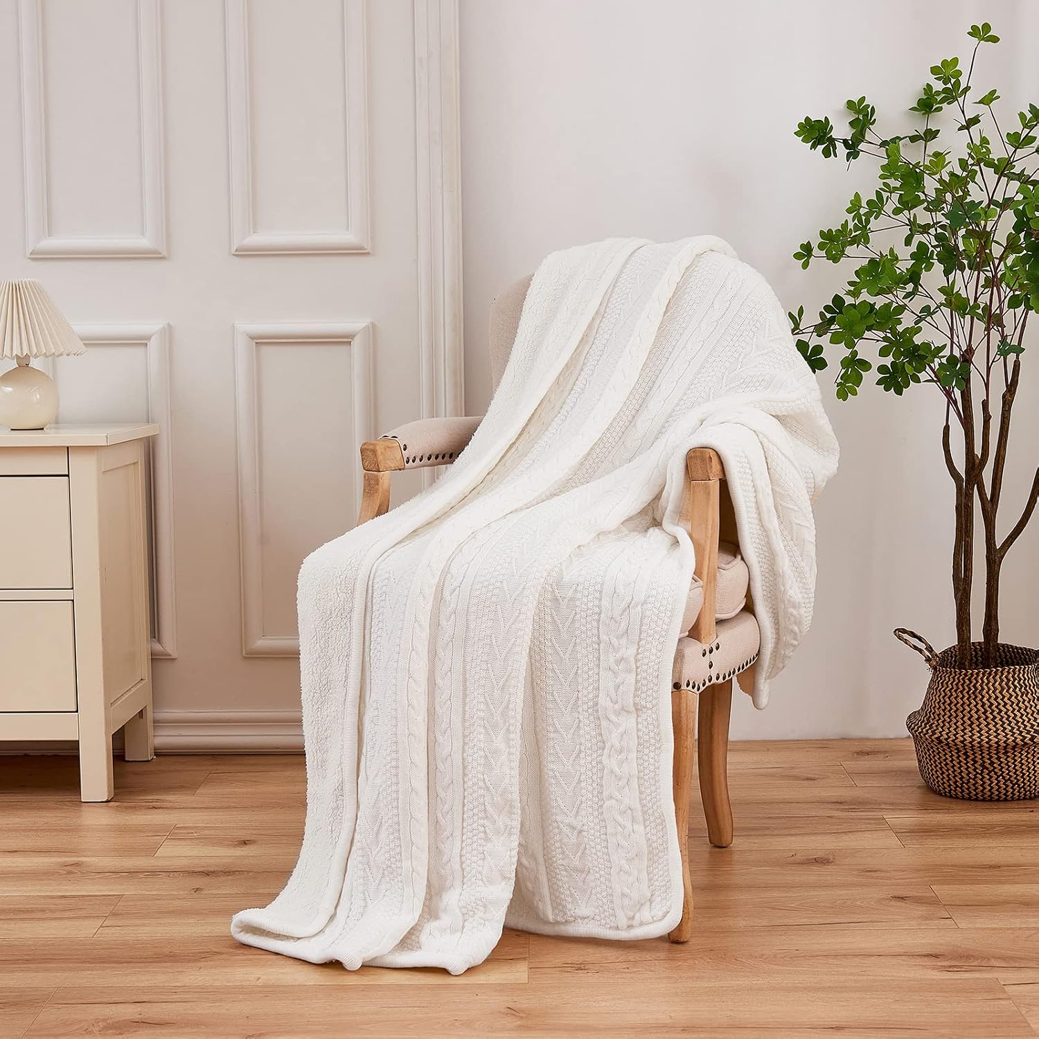 Ivory Sherpa Lined Cable Knit Throw Blanket