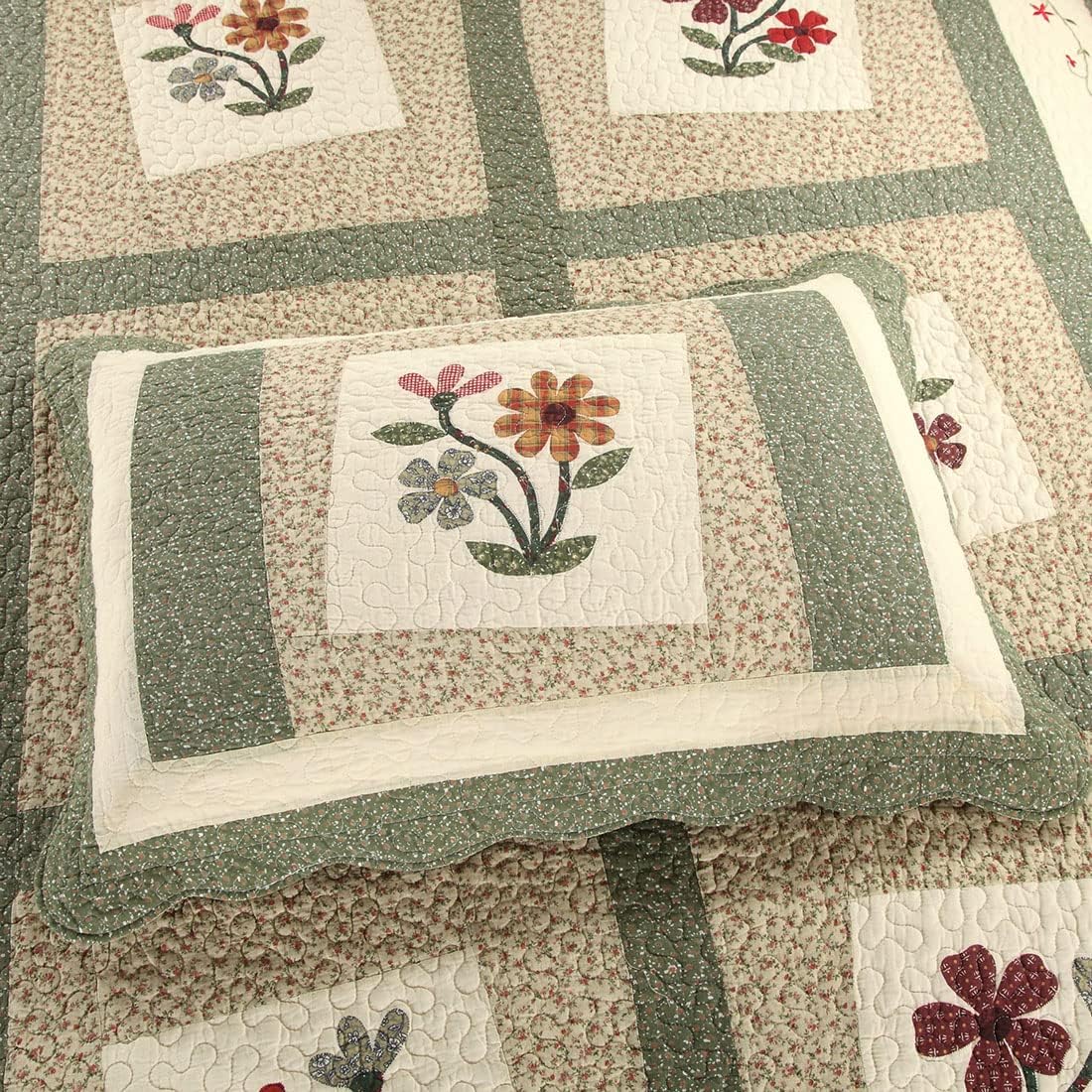Green Floral Patchwork Cotton Queen Pillow Shams 2 Pack
