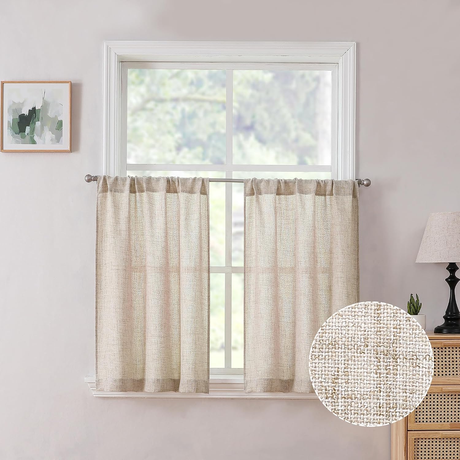 Natural Linen Semi Sheer Tier Curtains 2 Panels