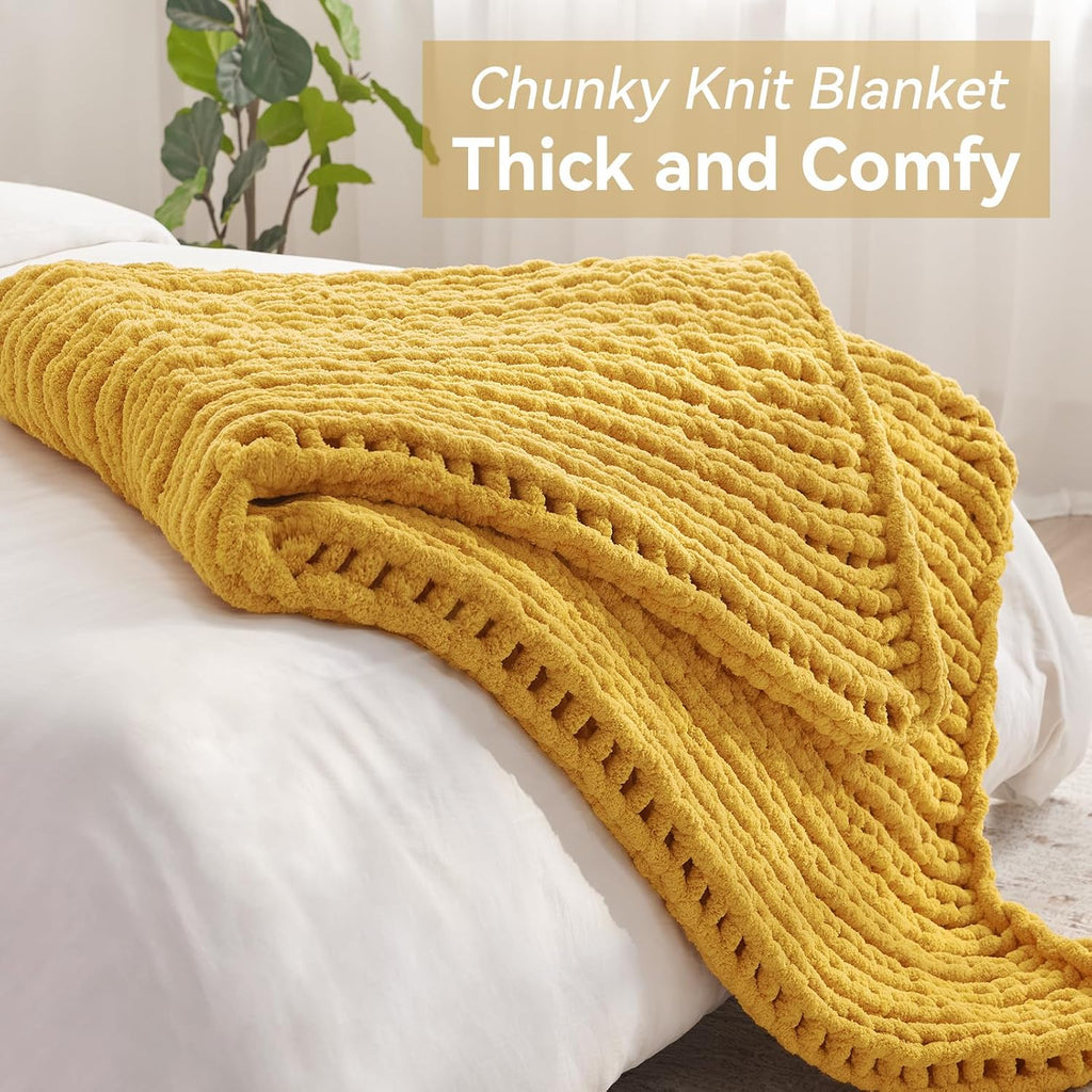 Yellow Chenille Chunky Knit Throw Blanket