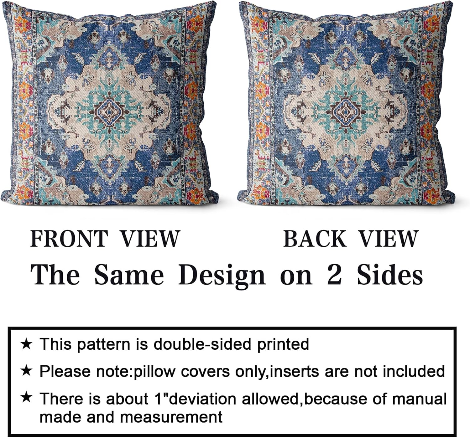 Blue Double Sided Boho Square Pillow Covers 2 Pack
