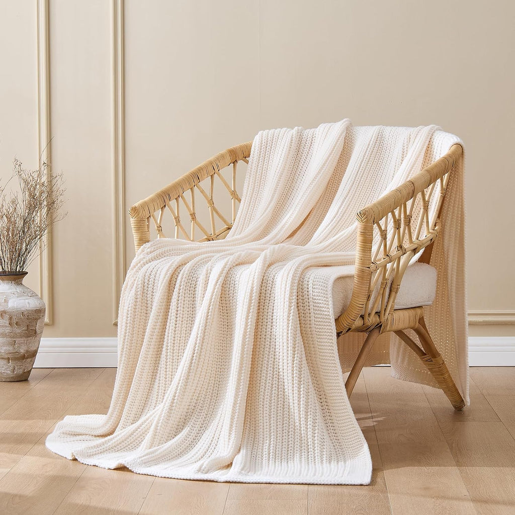 Cream White Chunky Knit Throw Blanket