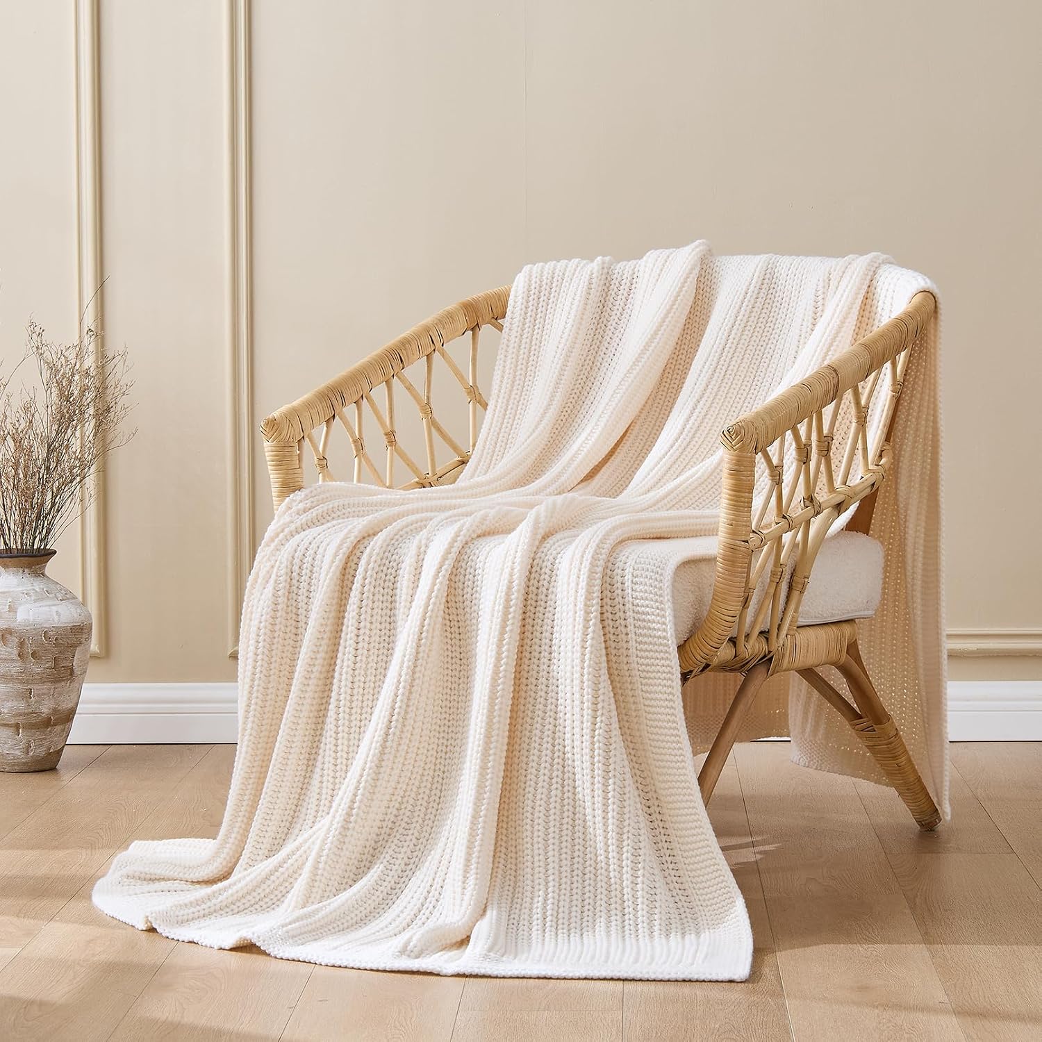 Cream White Chunky Knit Throw Blanket