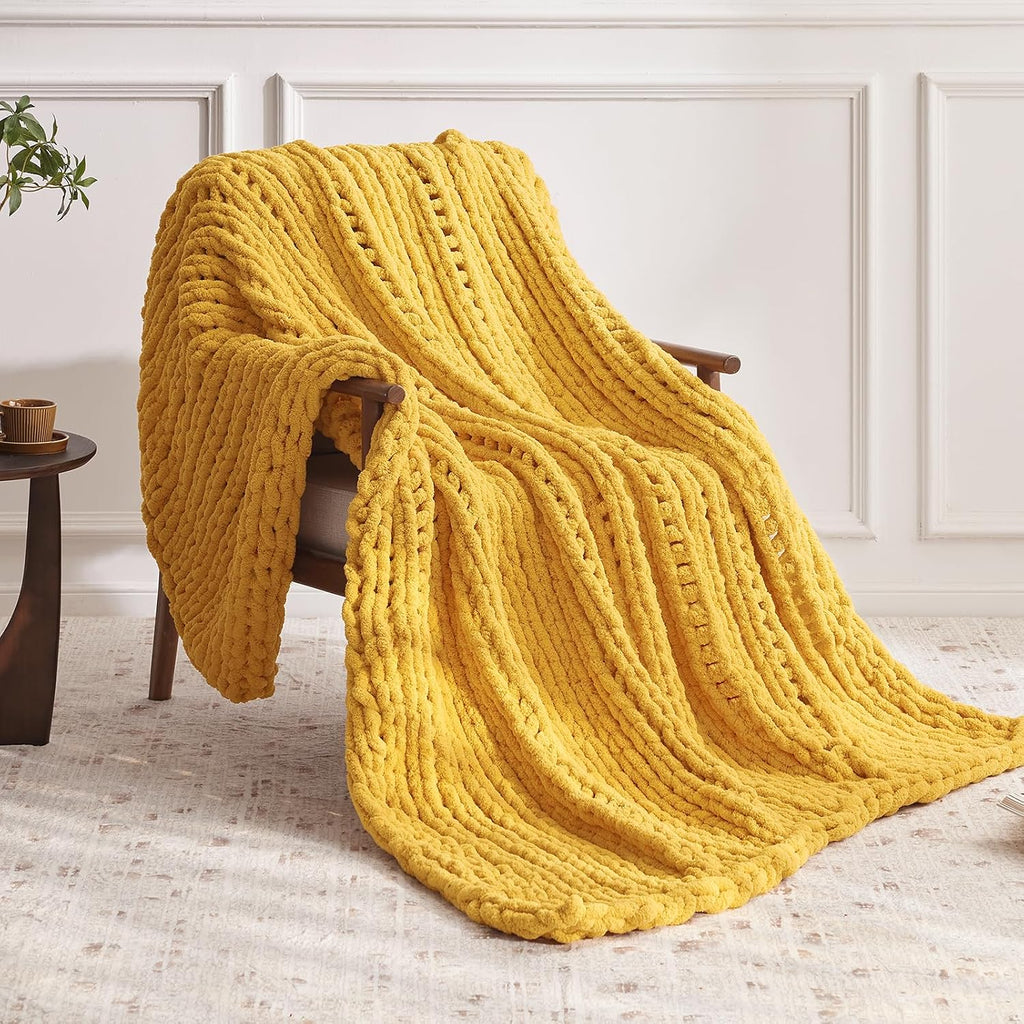Yellow Chenille Chunky Knit Throw Blanket