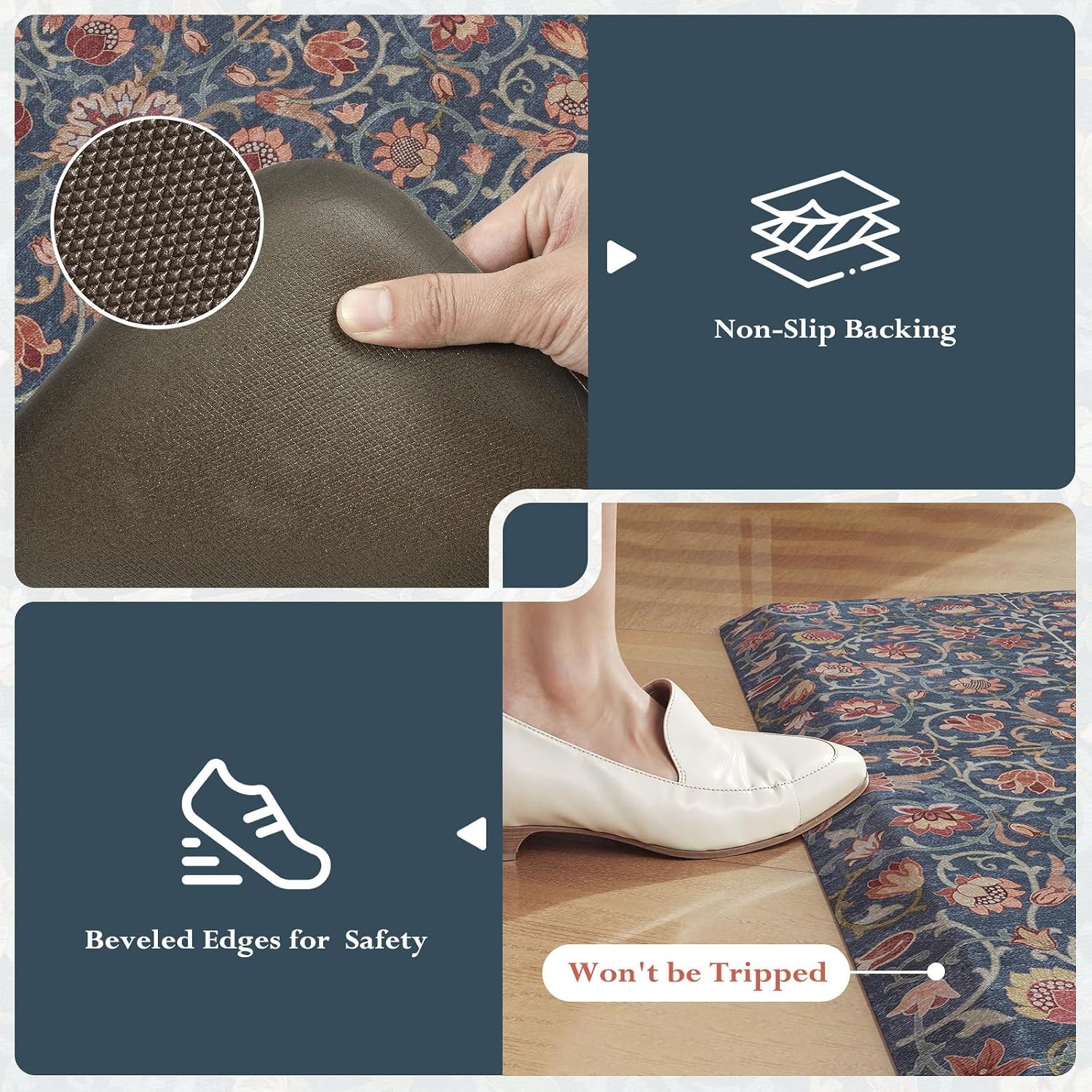 Blue Red Boho Memory Foam Anti Fatigue Kitchen Mat