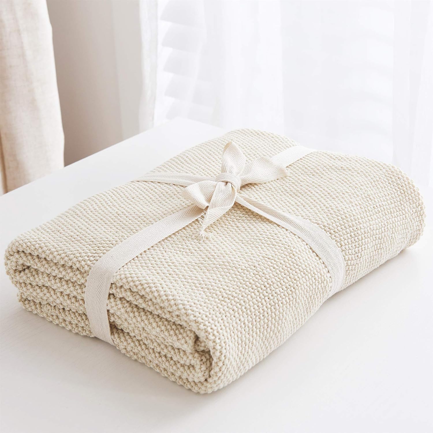 Beige Cotton Cable Knit Throw Blanket