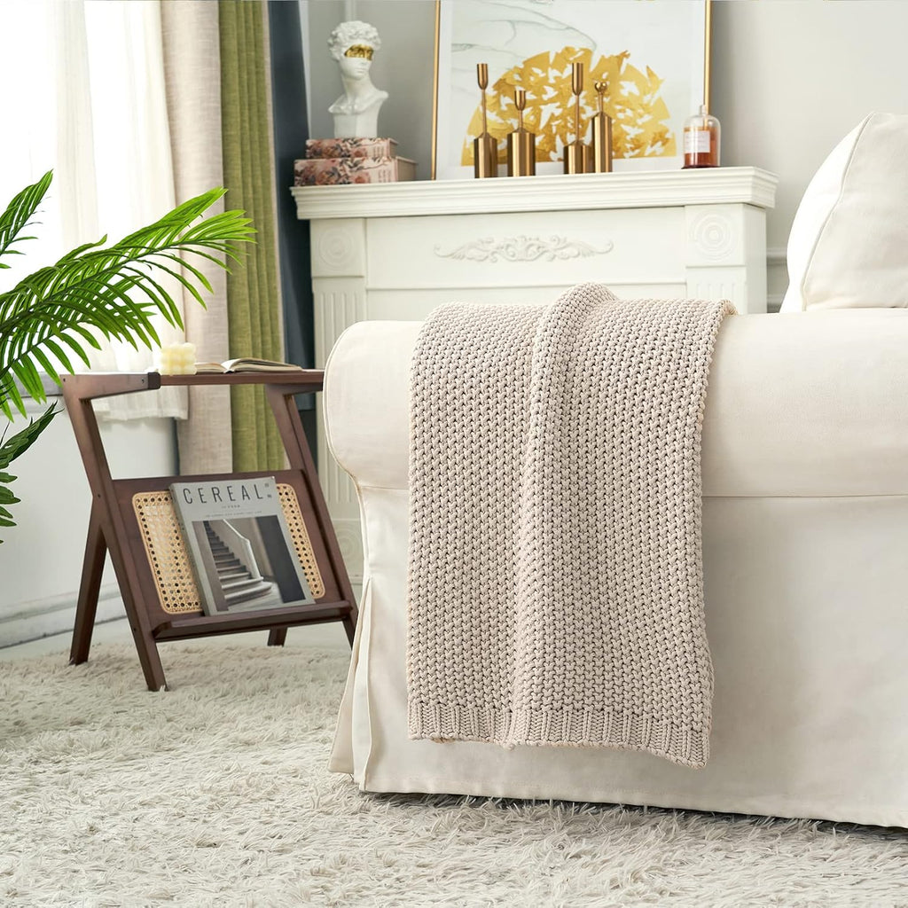 Beige Organic Cotton Cable Knit Throw Blanket