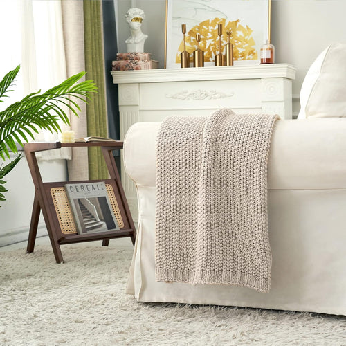 Beige Organic Cotton Cable Knit Throw Blanket