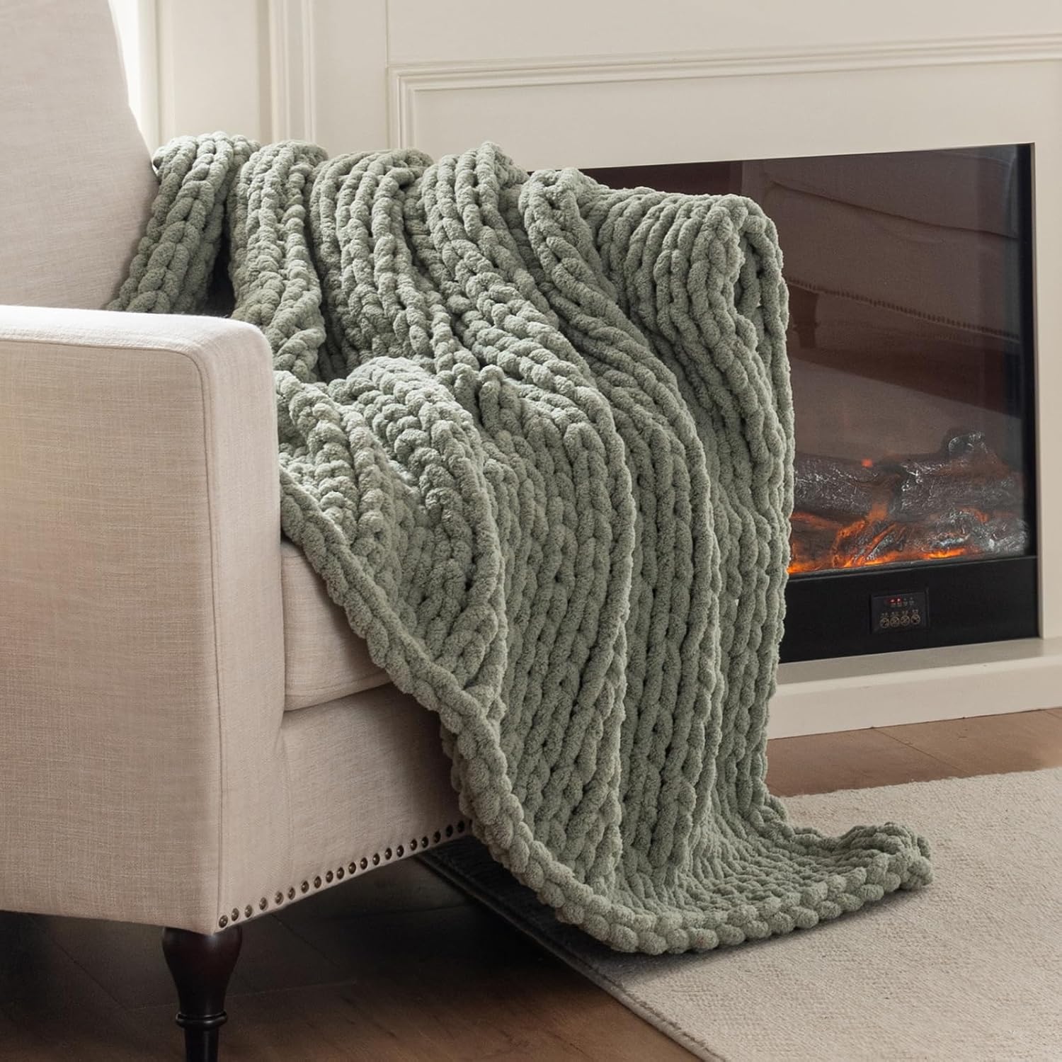 Sage Green Chenille Cable Knit Throw Blanket
