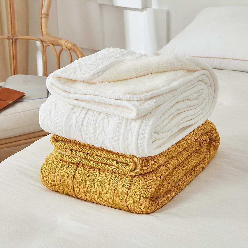 Ivory Sherpa Lined Cable Knit Throw Blanket