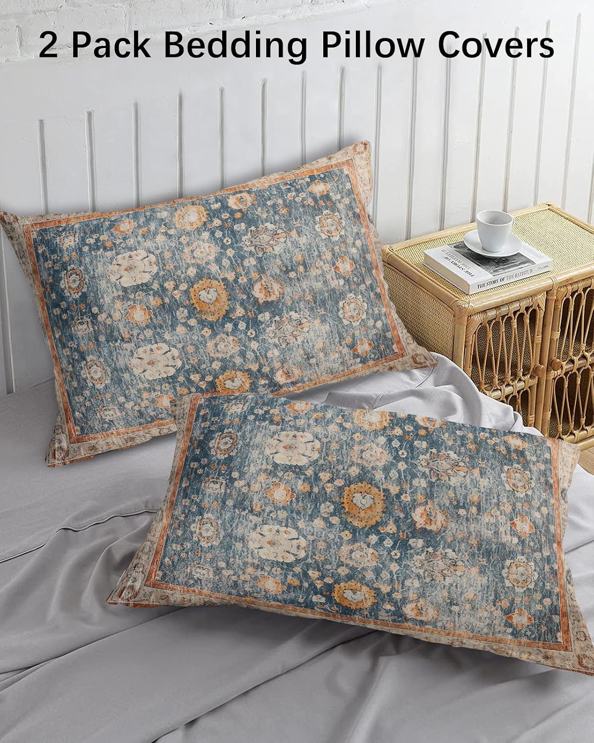 Blue Brown Boho Geometric Floral King Pillow Shams 2 Pack