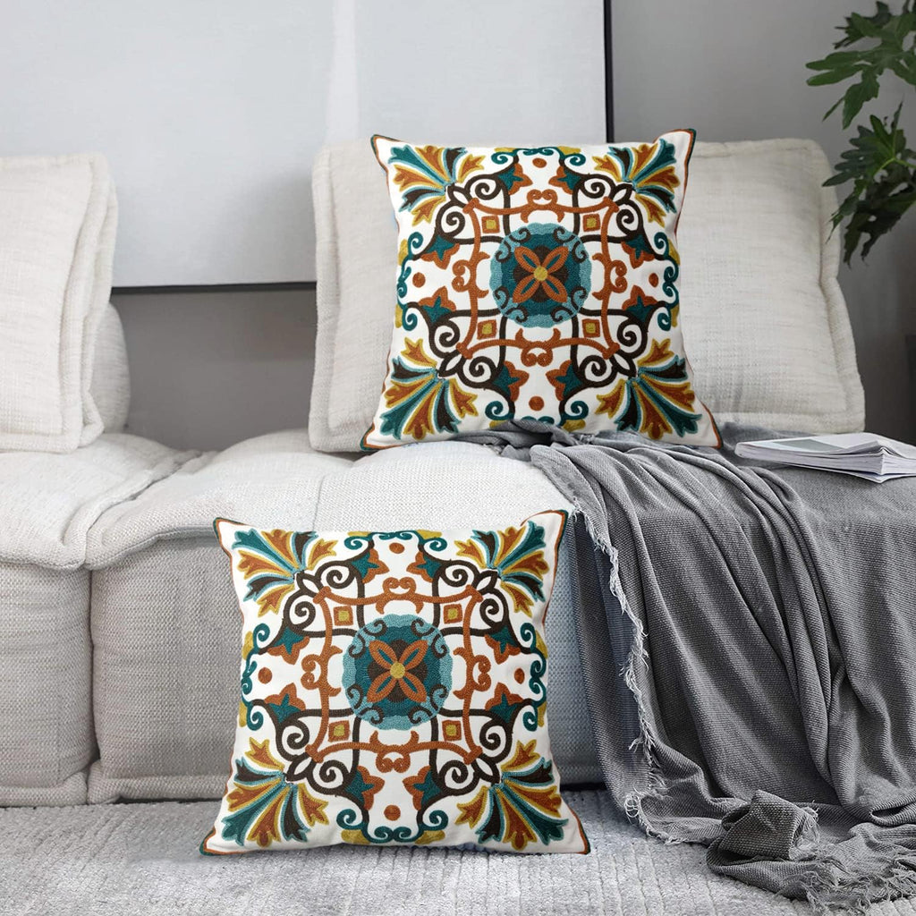 Orange Teal Embroidered Boho Farmhouse Pillow Covers 2 Pack