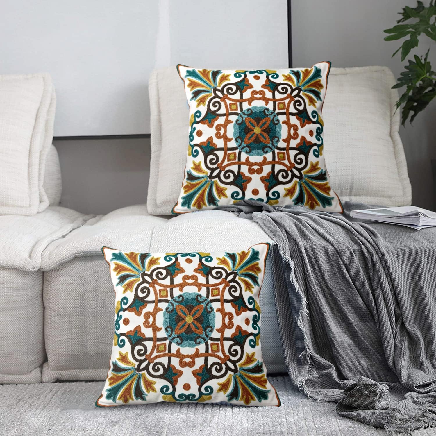 Orange Teal Embroidered Boho Farmhouse Pillow Covers 2 Pack
