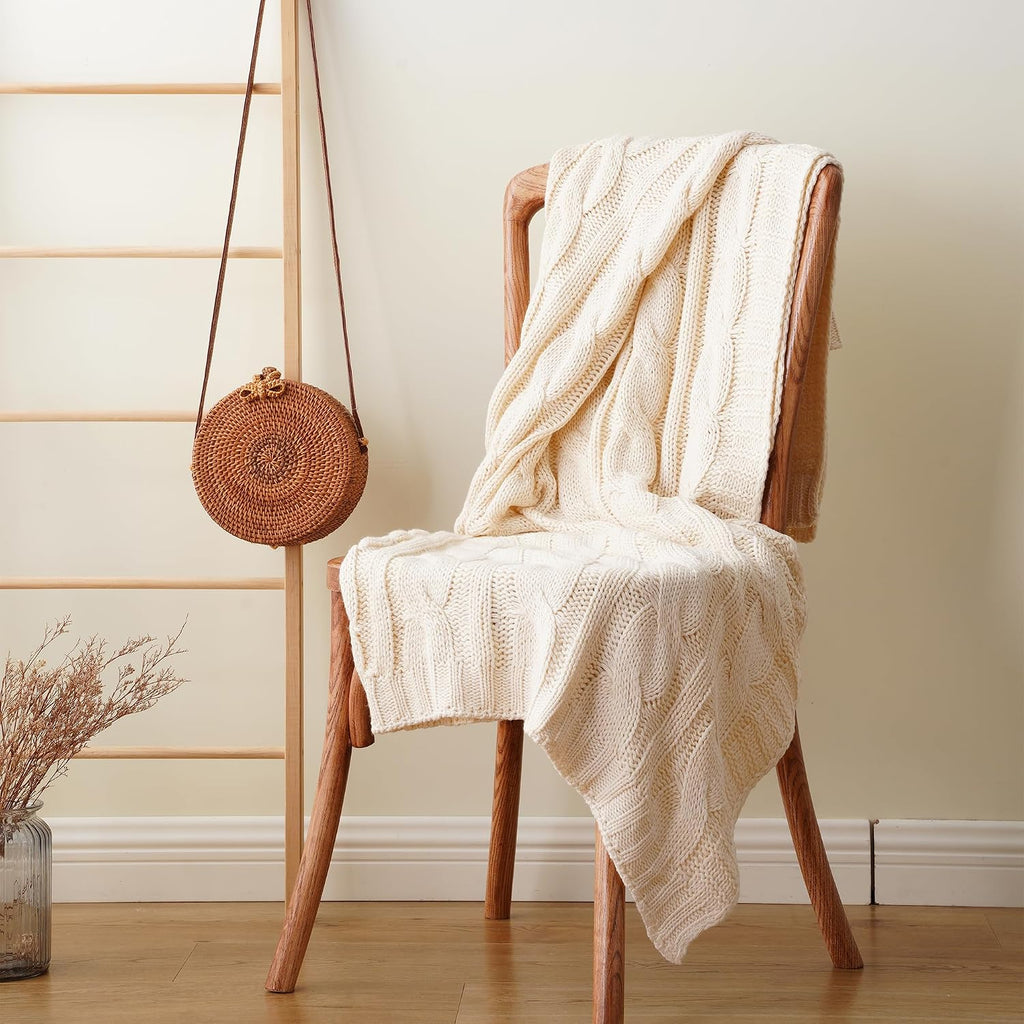 Cream Ivory Cable Knit Throw Blanket