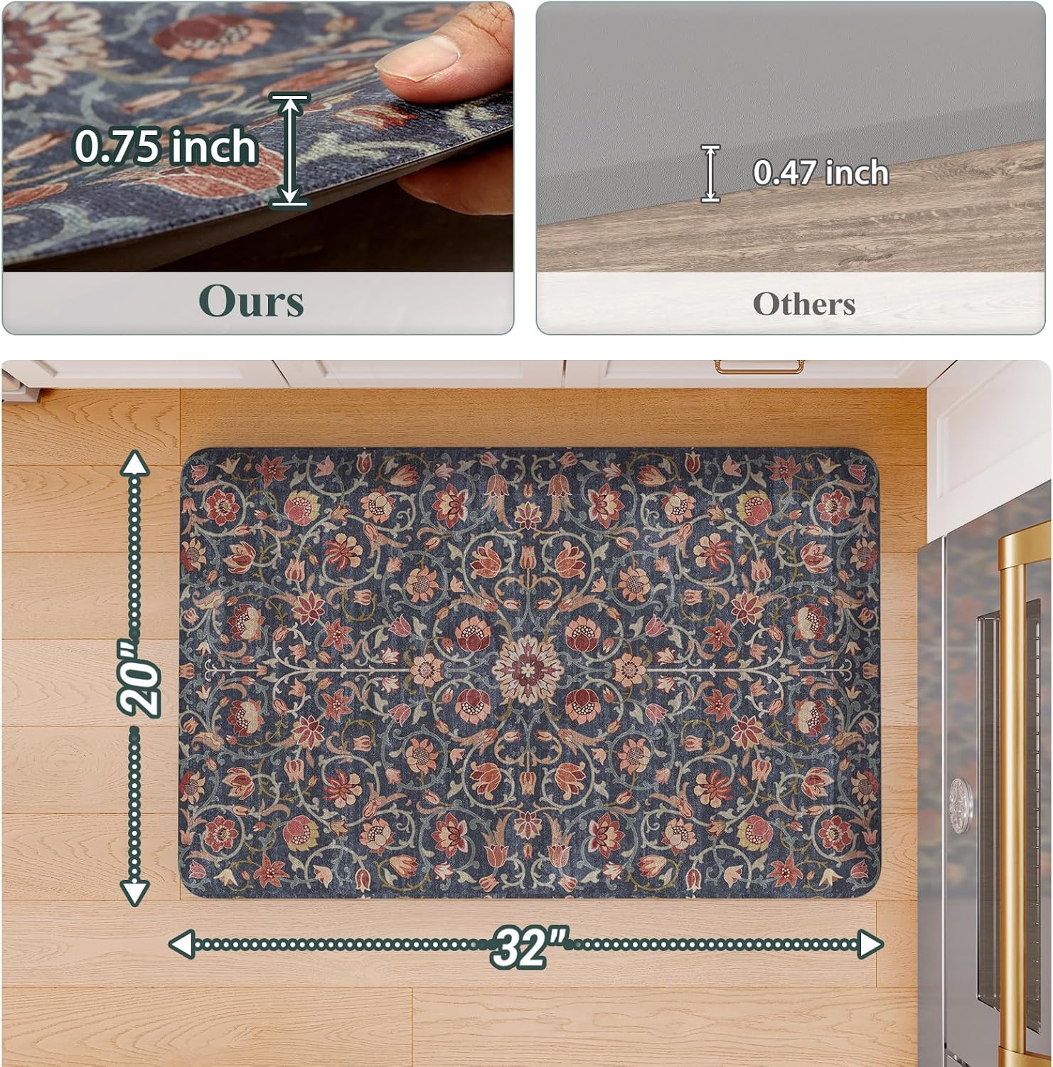 Blue Red Boho Memory Foam Anti Fatigue Kitchen Mat