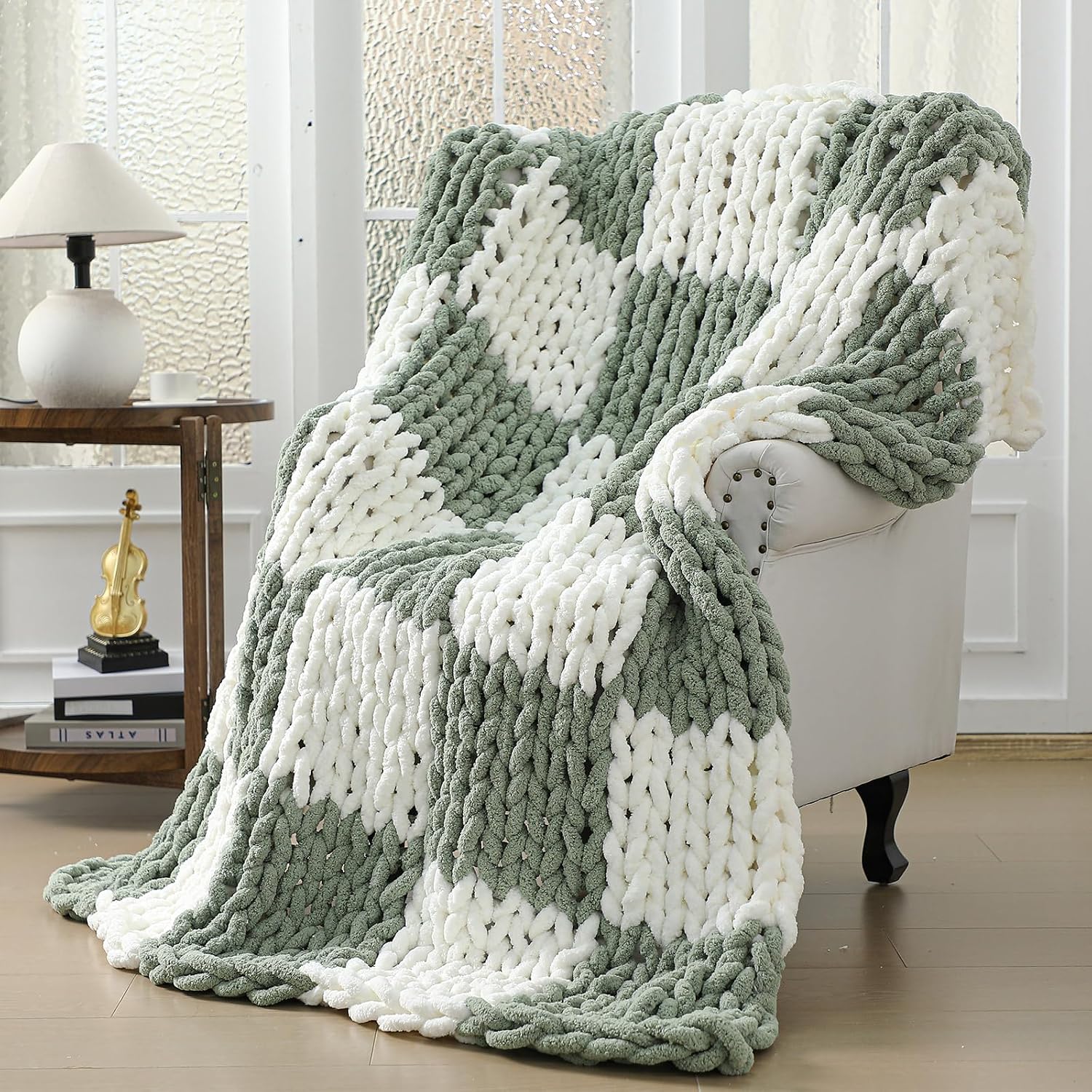 Ivory Sage Checkered Knit Throw Blanket