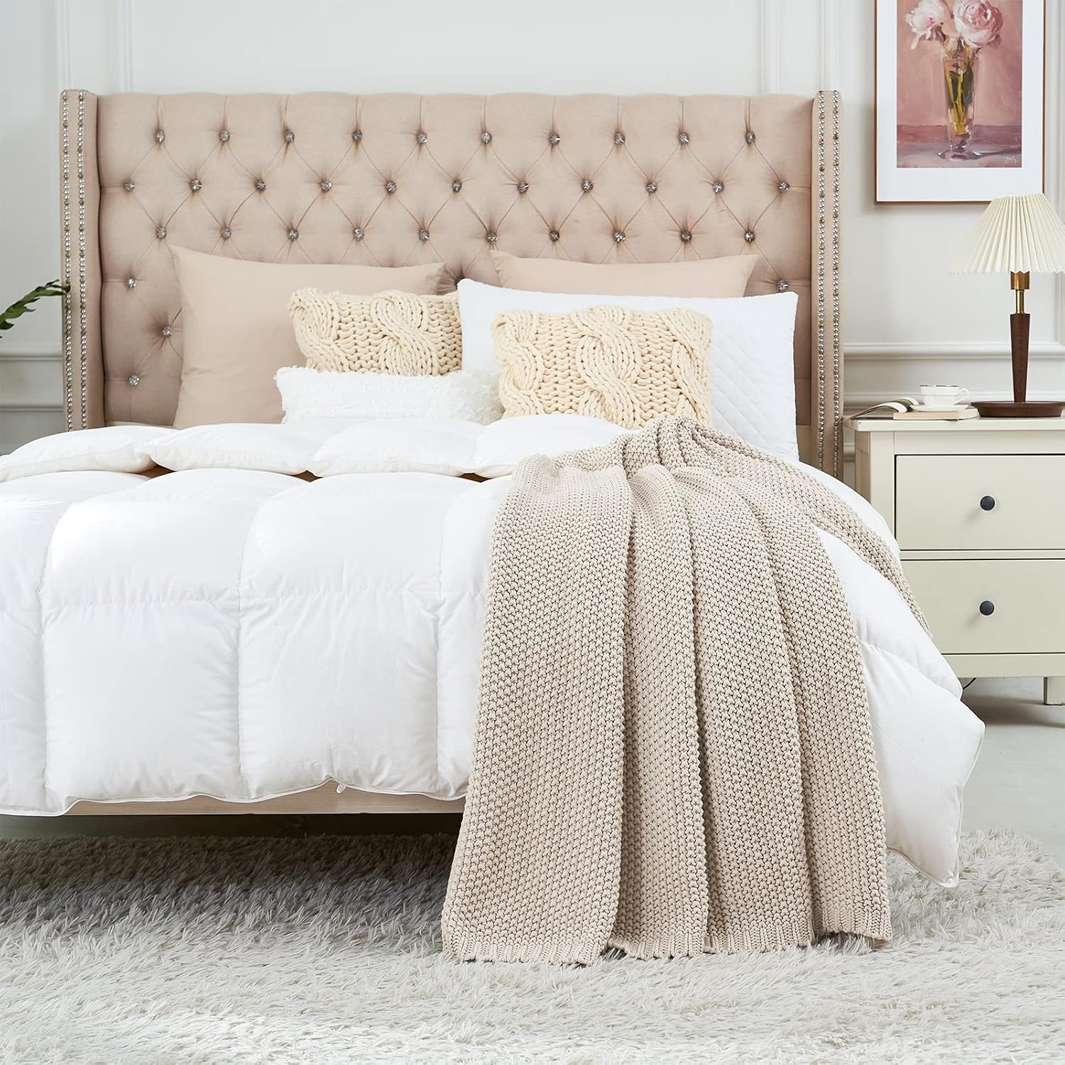 Beige Organic Cotton Cable Knit Throw Blanket