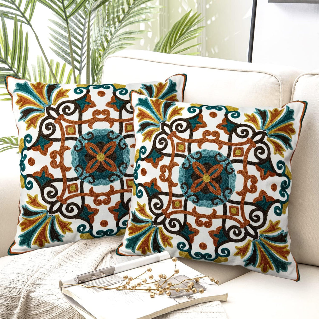 Orange Teal Embroidered Boho Farmhouse Pillow Covers 2 Pack