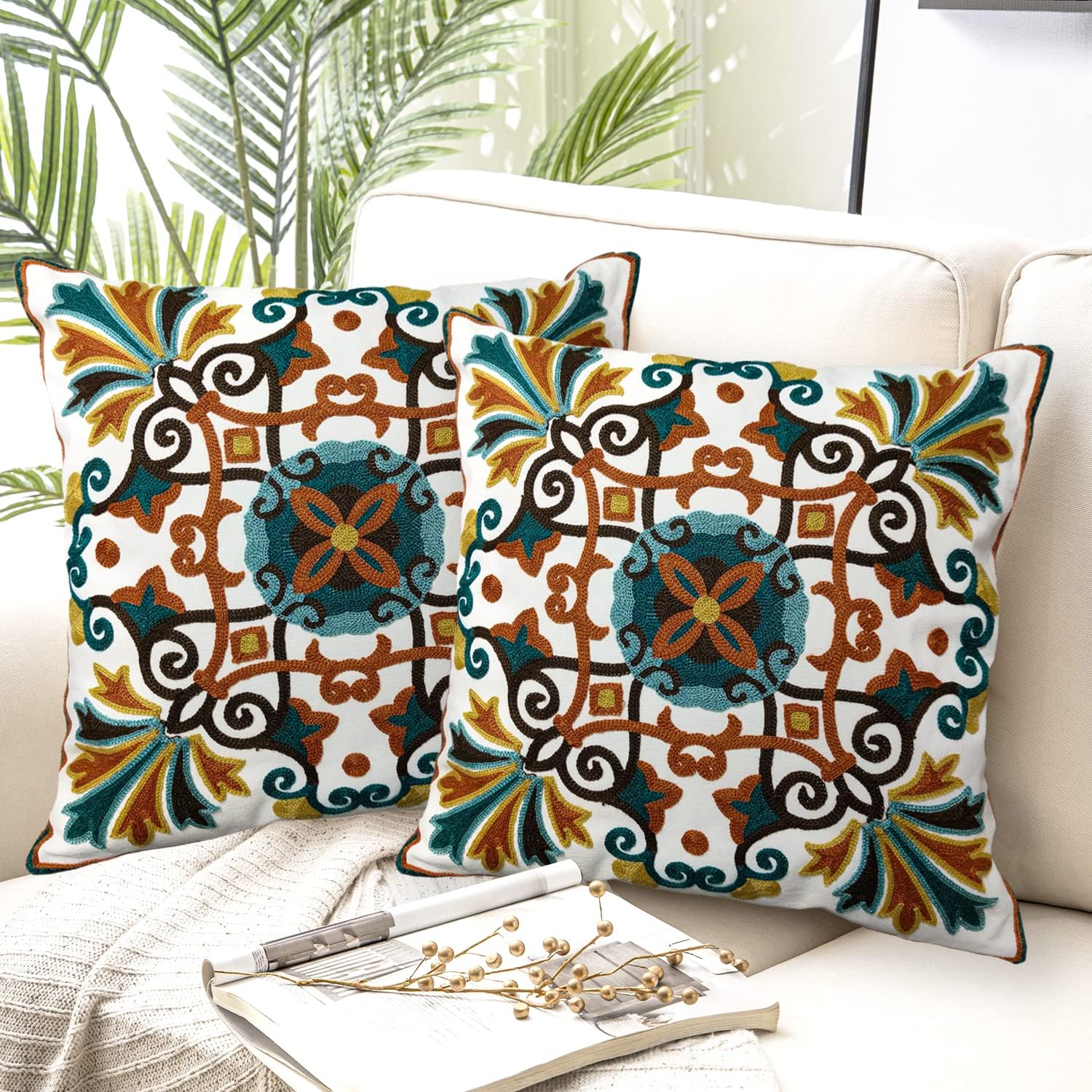 Orange Teal Embroidered Boho Farmhouse Pillow Covers 2 Pack