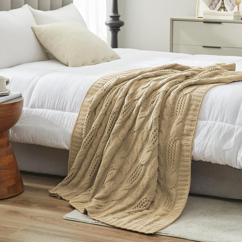 Beige Dual Sided Chenille Cable Knit Throw Blanket