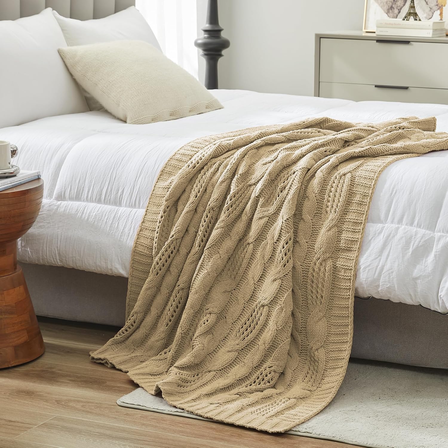 Beige Dual Sided Chenille Cable Knit Throw Blanket