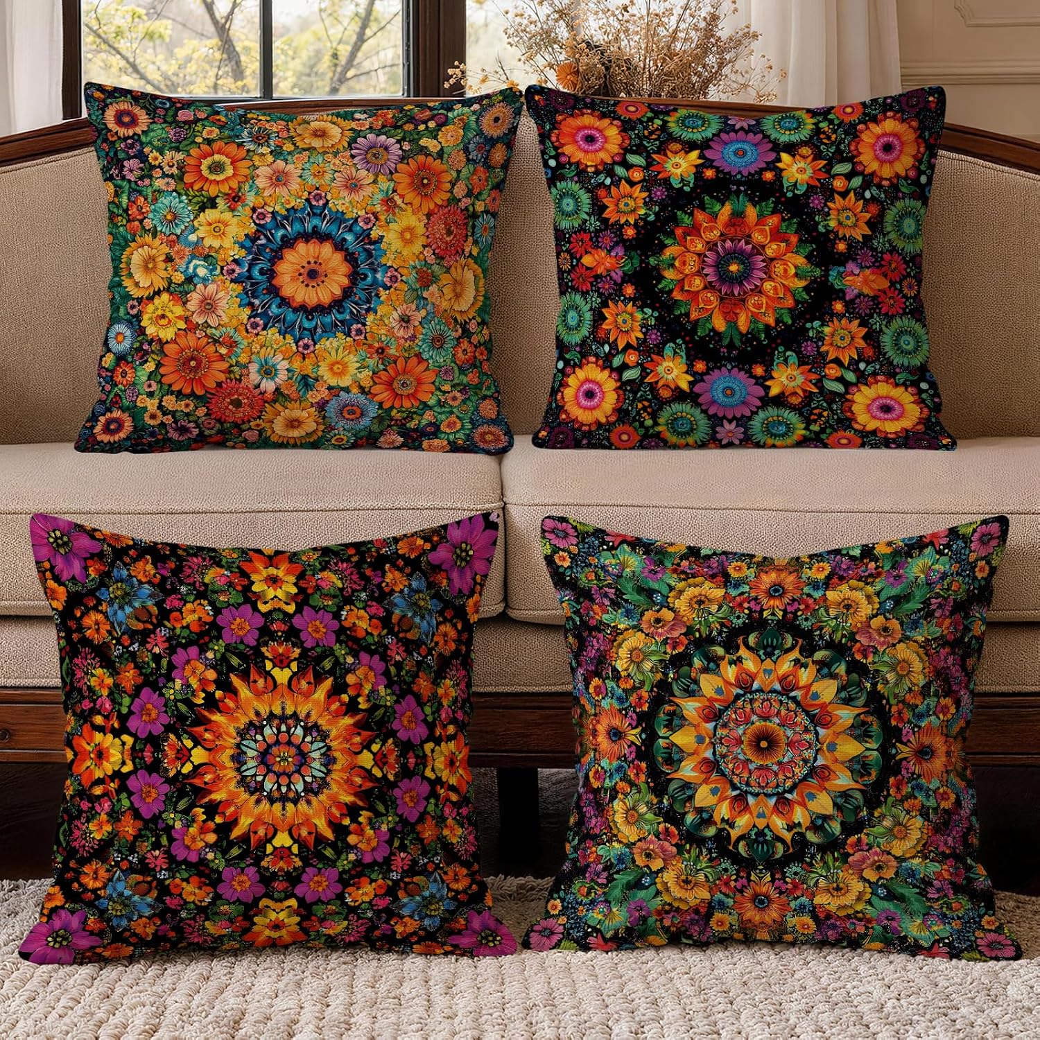 Mandala Floral Boho 18x18 Pillow Covers 4 Pack