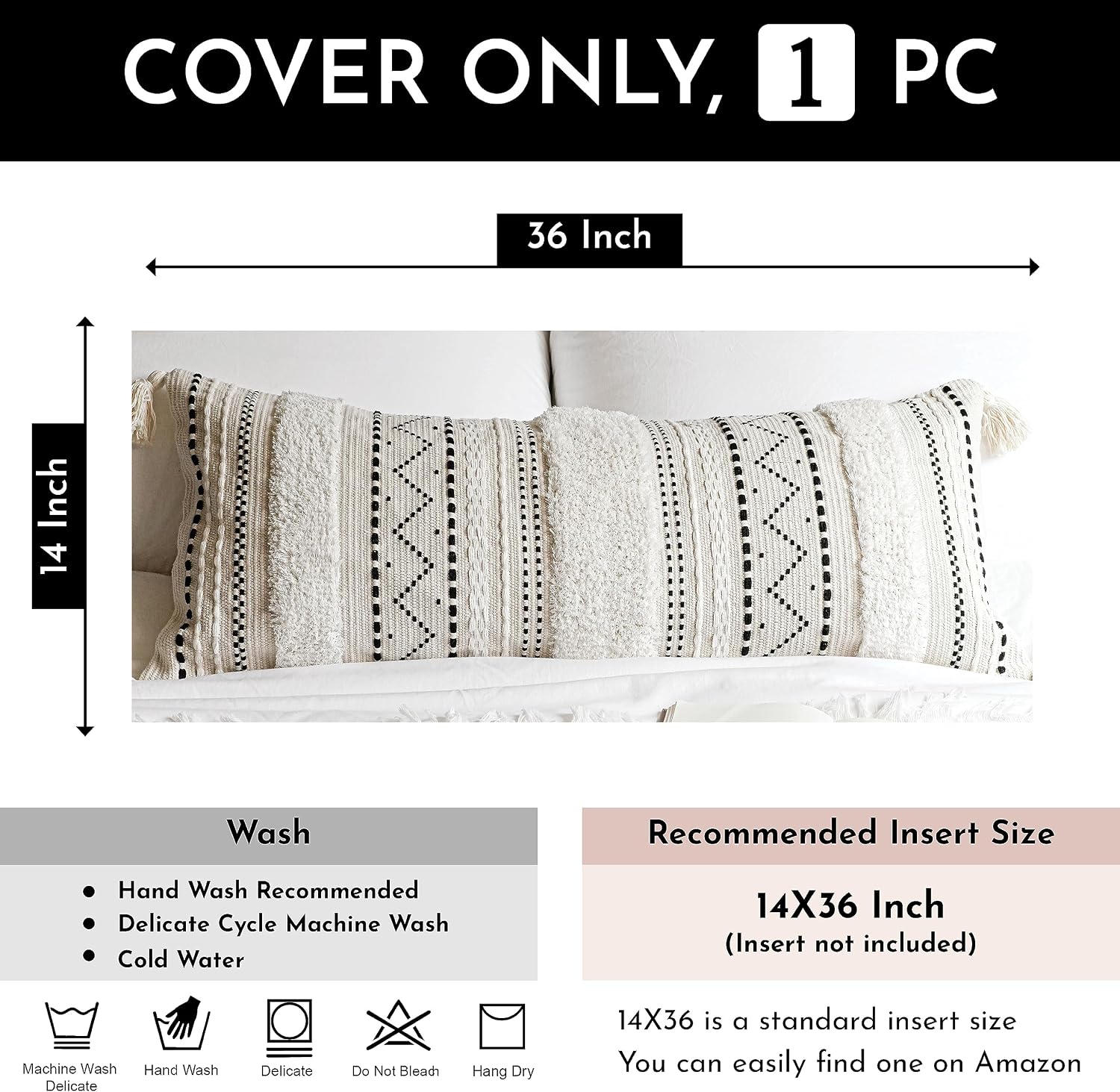 Cream Tufted Tassel Boho Lumbar Pillow Cover 1 Pack