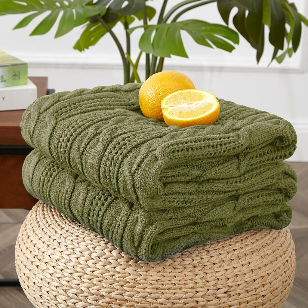 Olive Green Acrylic Cable Knit Throw Blanket