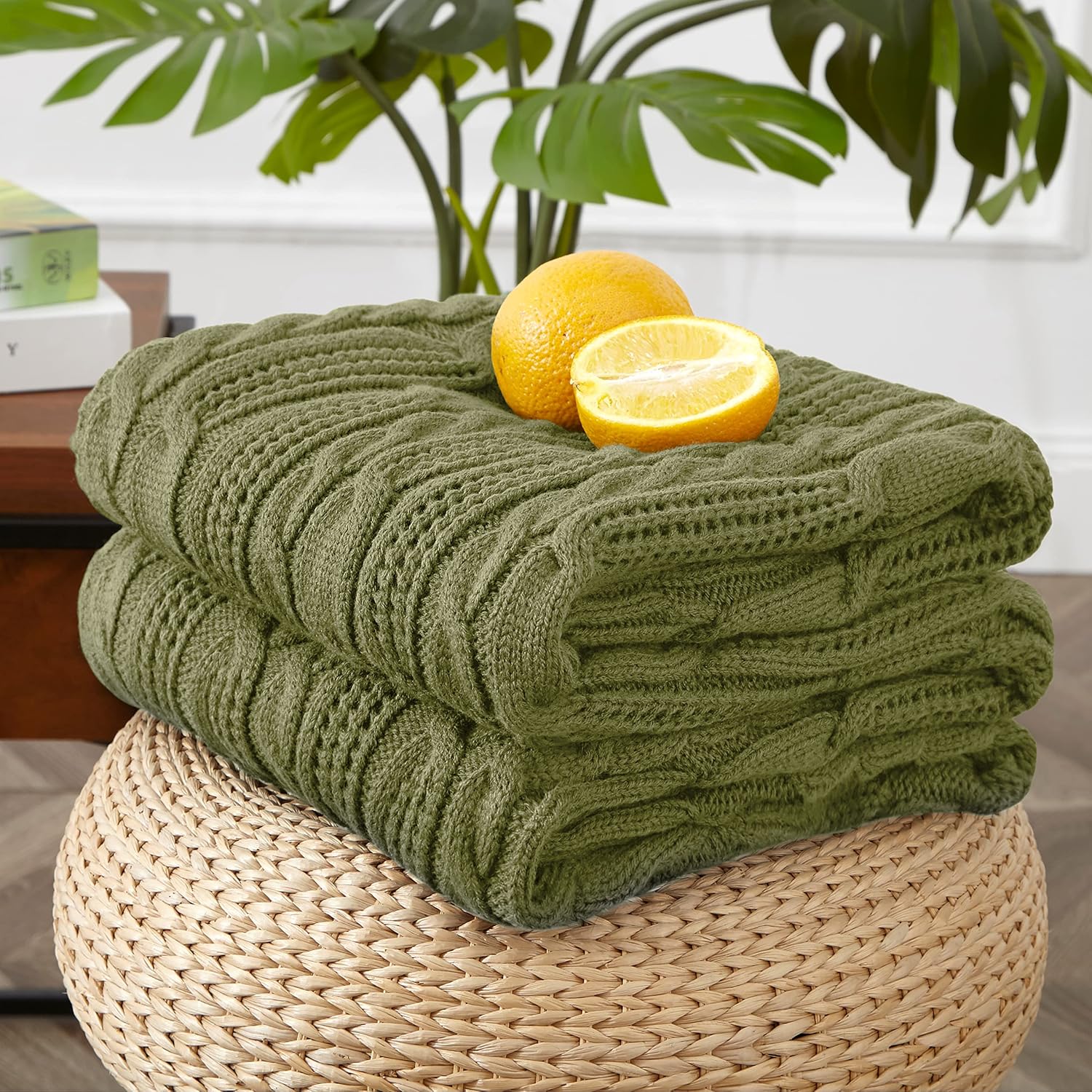 Olive Green Acrylic Cable Knit Throw Blanket